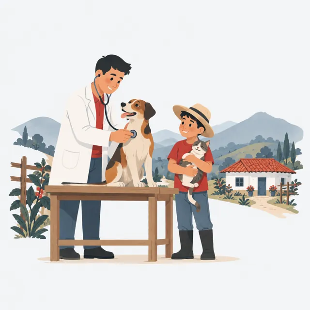 Ilustración: un veterinario revisa a un perro mientras un niño sostiene a un gato