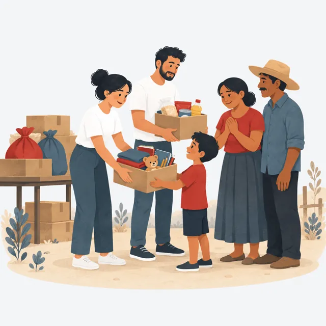Ilustración: voluntarios entregan cajas con ropa, útiles y alimentos a una familia