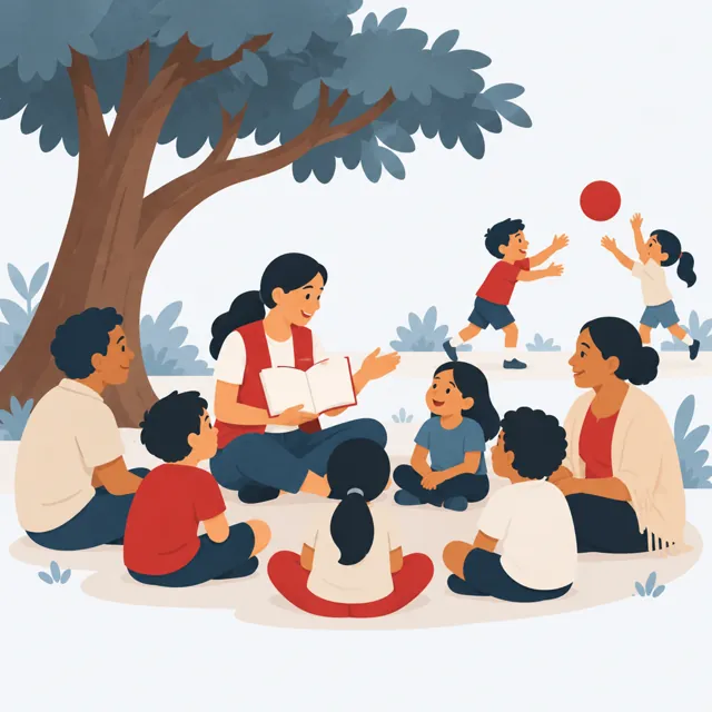 Ilustración: una voluntaria comparte una lectura con niños y adultos sentados bajo un árbol