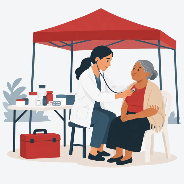 Ilustración: una médica atiende a una señora mayor bajo una carpa de brigada