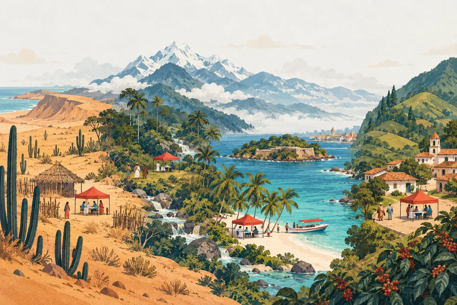 Ilustración de las cuatro regiones: el desierto de la Alta Guajira, la Sierra Nevada, la isla de Tierrabomba y el pueblo de Anaime